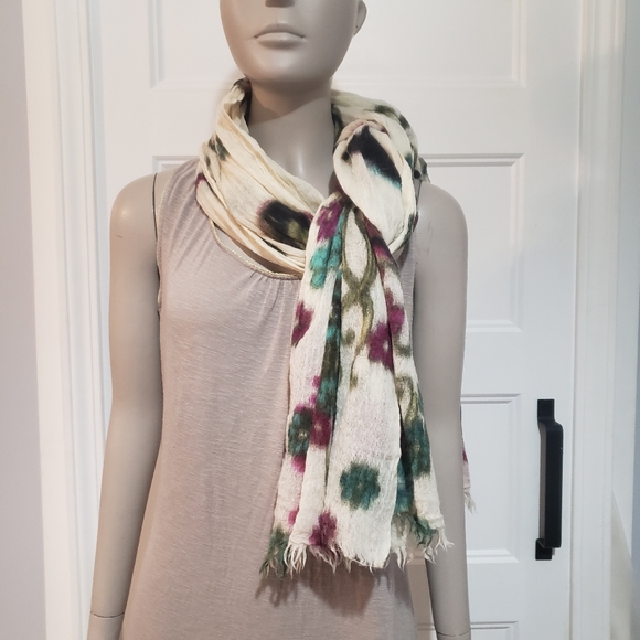 Hang N Hold Wool Crepe Floral Scarf Wrap 2 x68 Inch Raw Hem Colorful Lightweight - Picture 8 of 11